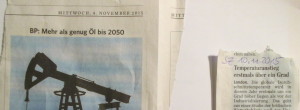 Zeitungsartikel - Ölreserve bis 2050 - Temperaturanstieg über 1 Kelvin